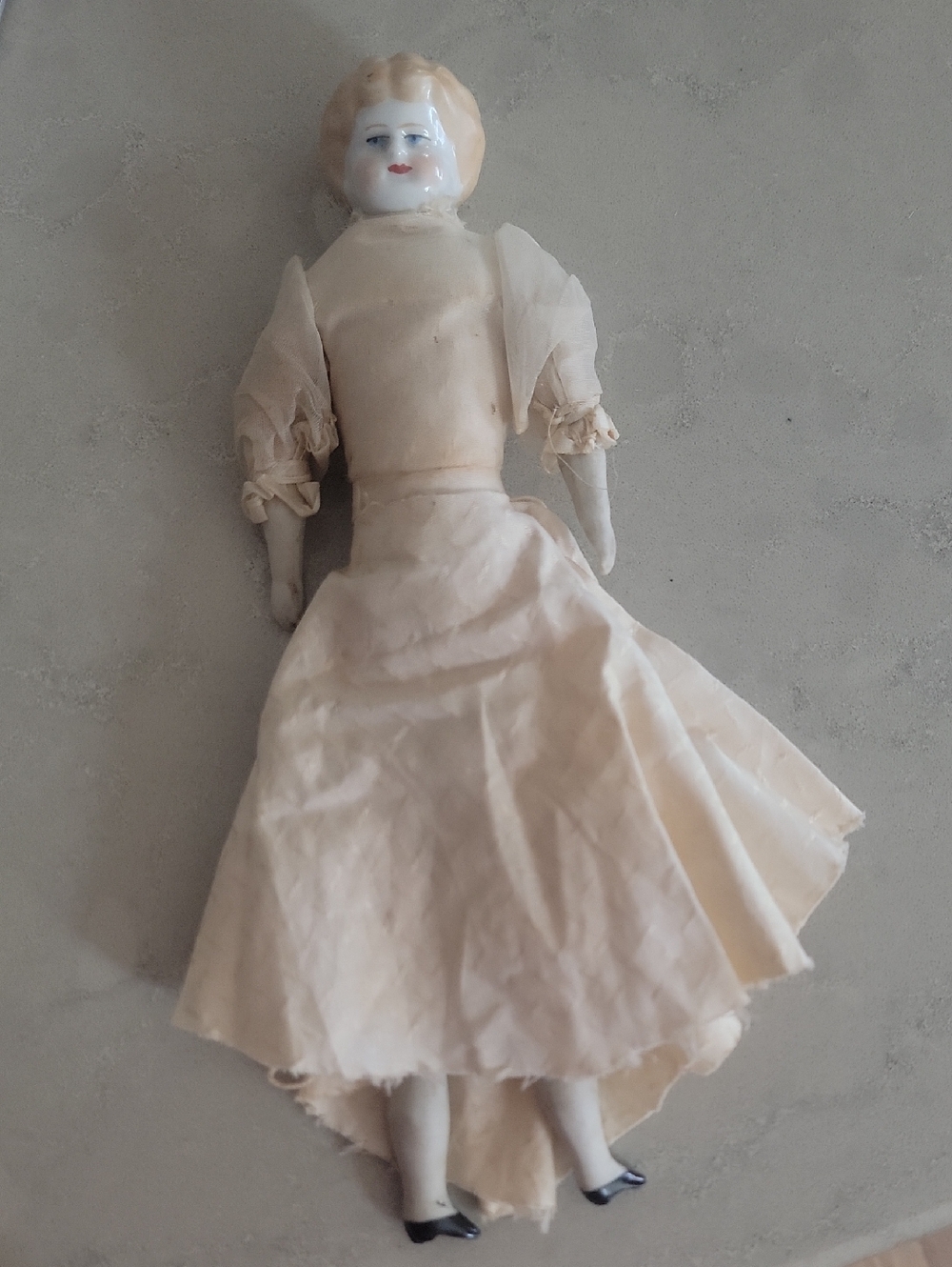 China Head Antique Vintage Porcelain Head Doll in Cream Dress Blond Hair Germany